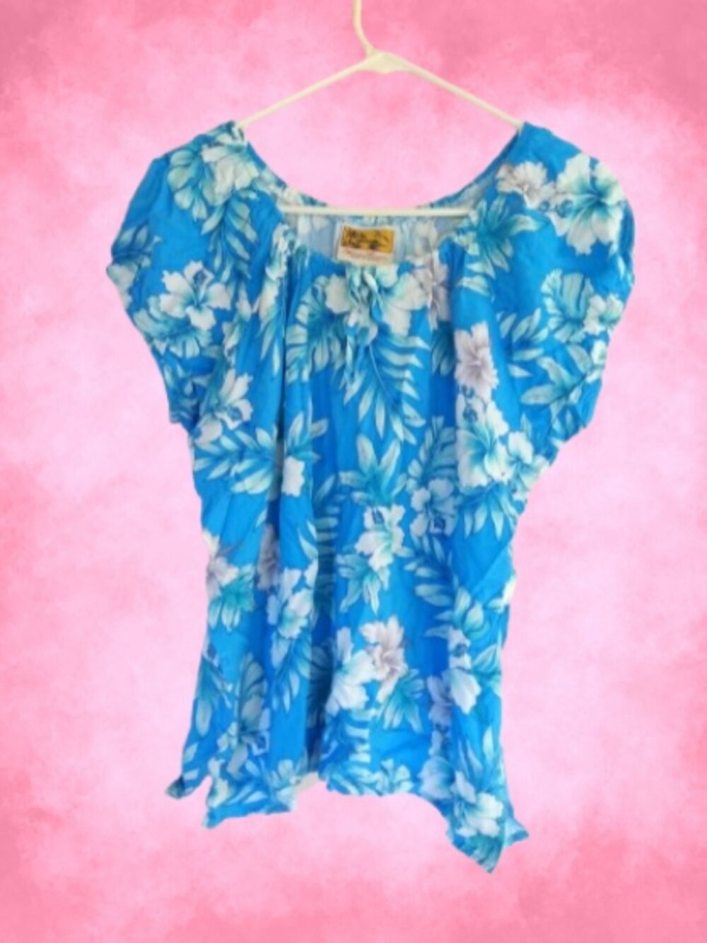 Winnie Fashion Blue Floral Hibiscus Rayon Top XL Tropical Resortwear Hawaii Made